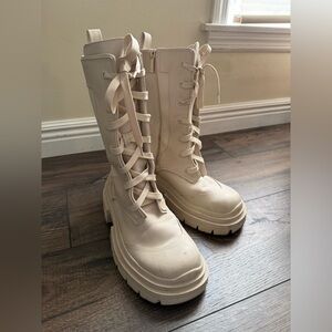 Zara Women's Lace Up All-weather Rubber Boots,Cream/Ivory/White,Size US 9